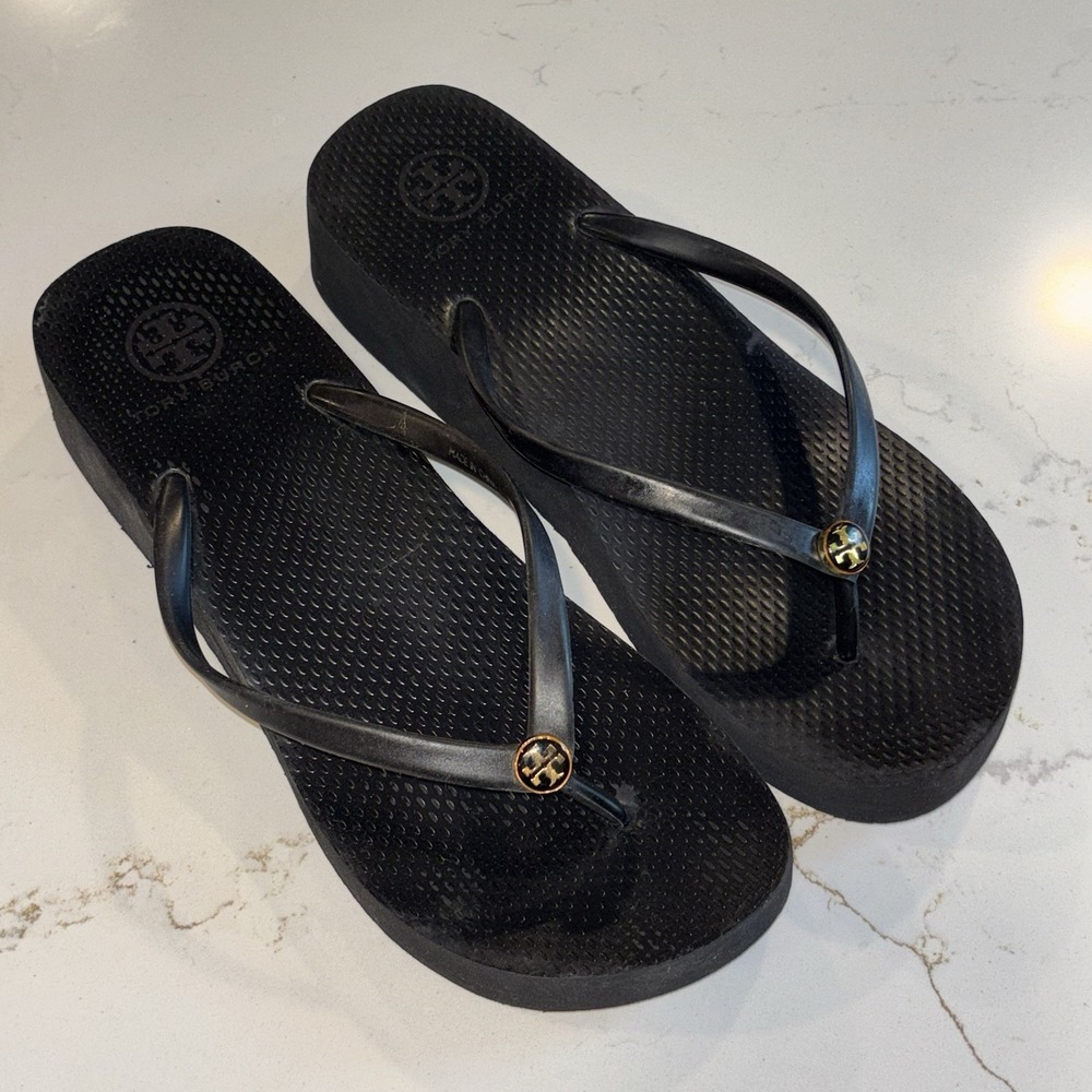 TORY BURCH Wedge Platform FLIP FLOPS rubber sandals Black Women's 8.5